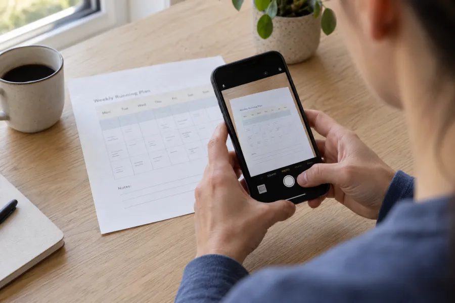 A person takes a photo of a printed running plan with their phone.